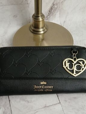 Juicy Couture Black Heart-Embossed Zip Wallet with Gold Logo Charm